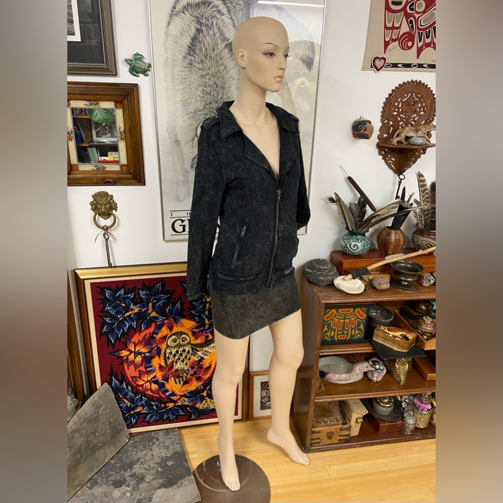 Distressed Black Biker Style Zip-Up Sweater with Collar and Silver Hardware
